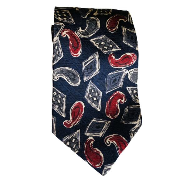 Hanover Square Men's Necktie 100% Silk Blk Blue Red Paisley Tie Vintage - Picture 1 of 7